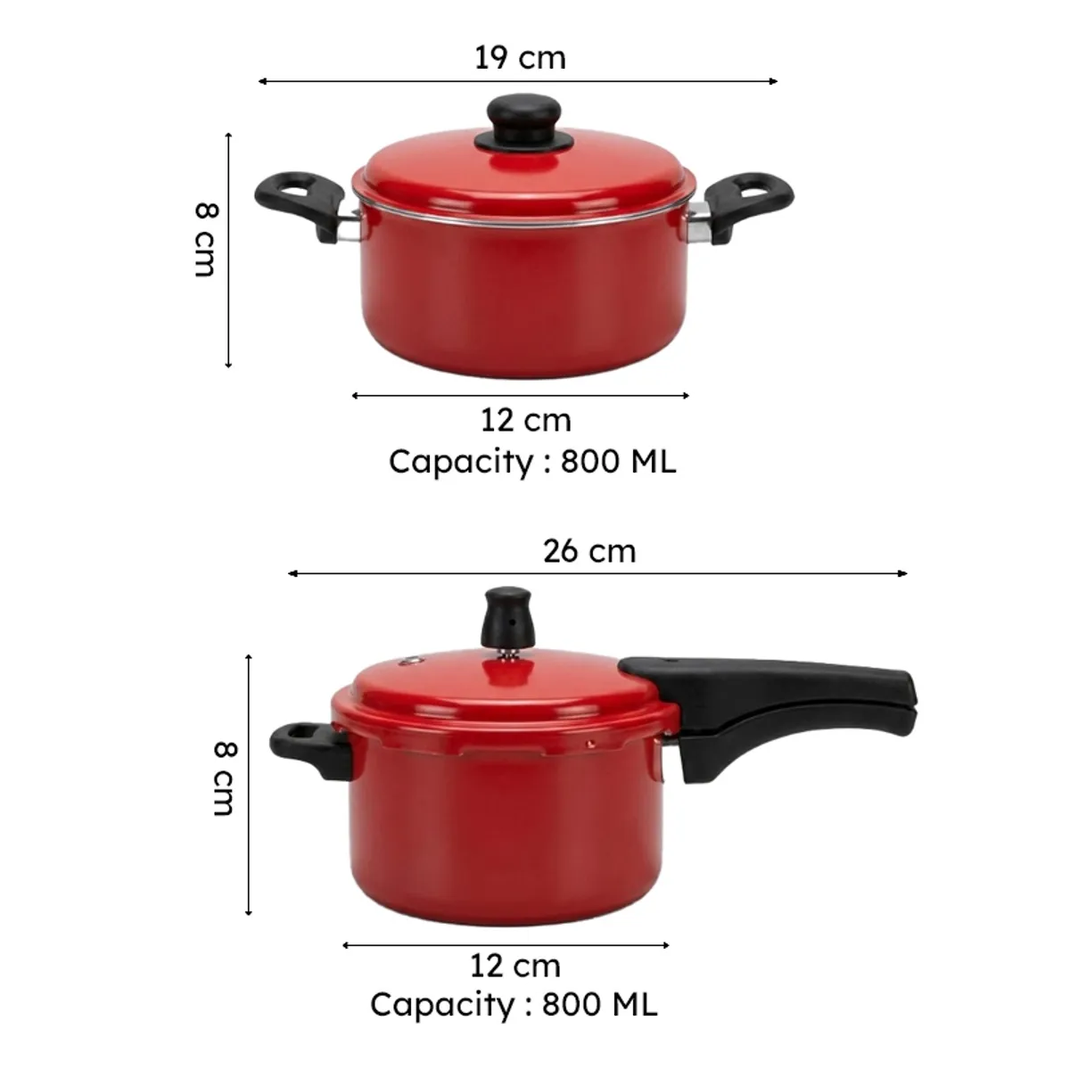 Red cookware pieces shown with visible size and capacity diagrams