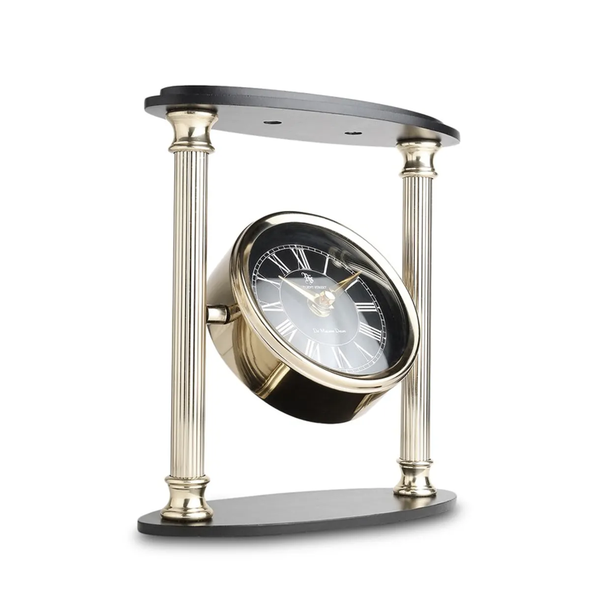Close angled view of round clock suspended between two columns
