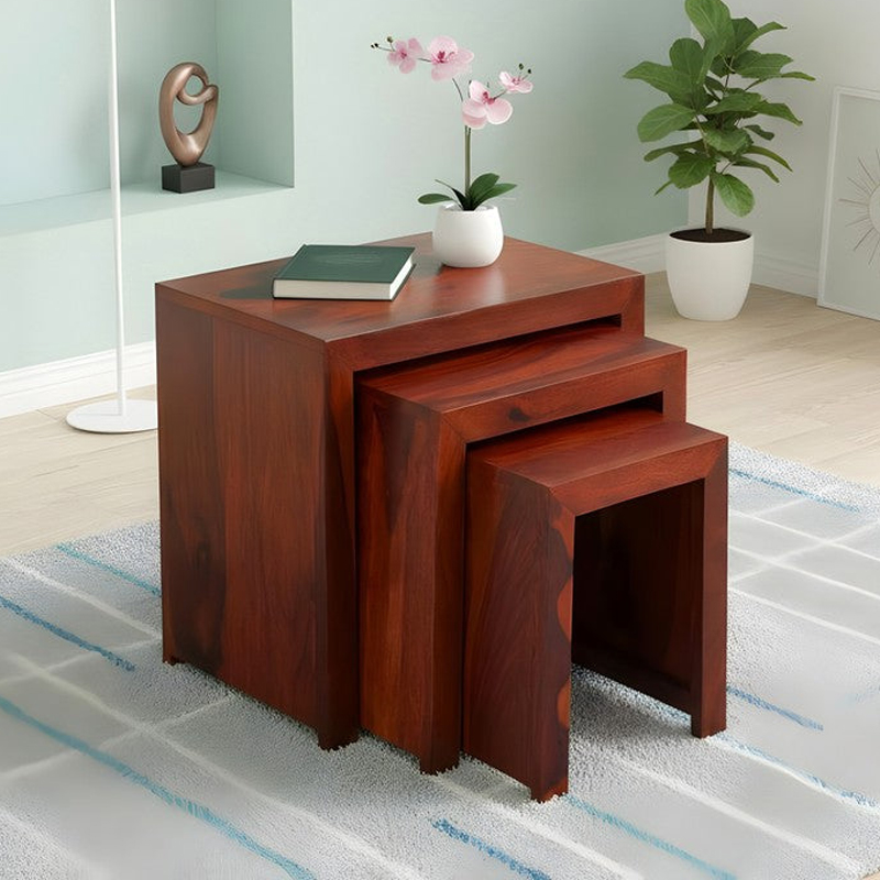 Sverox Sheesham Wooden Side & Bedside Table (Deep Brown) - Set Of Three
