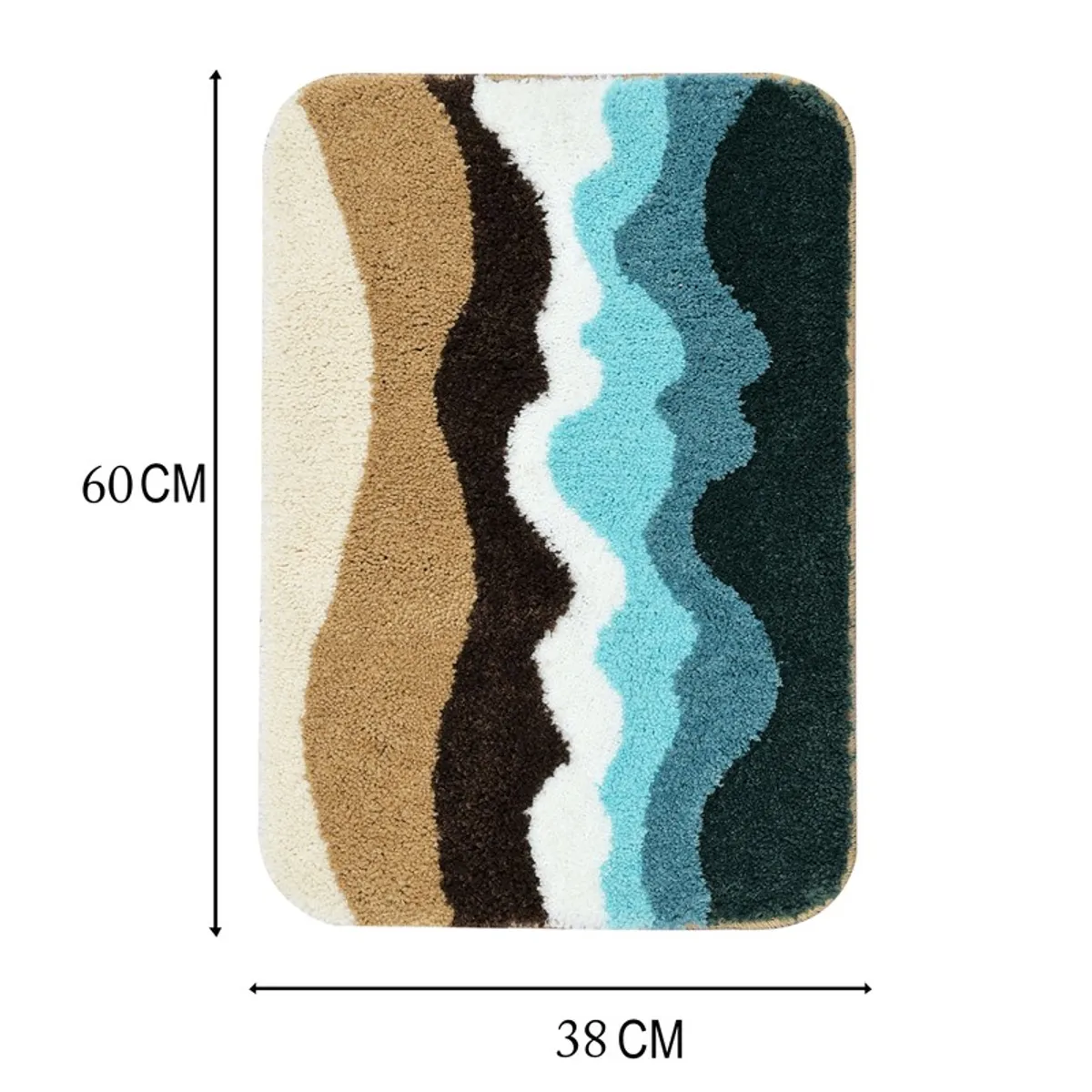 Bath mat with rounded corners shown with 38 x 60 cm dimensions