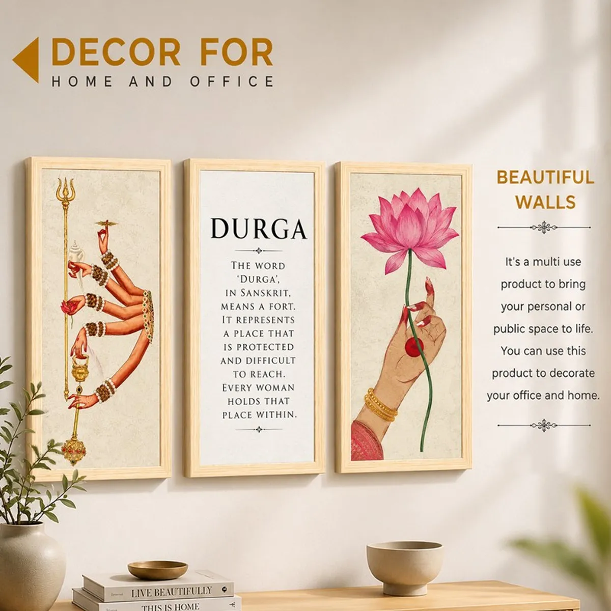 Three framed devotional wall artworks shown in a home and office decor setting