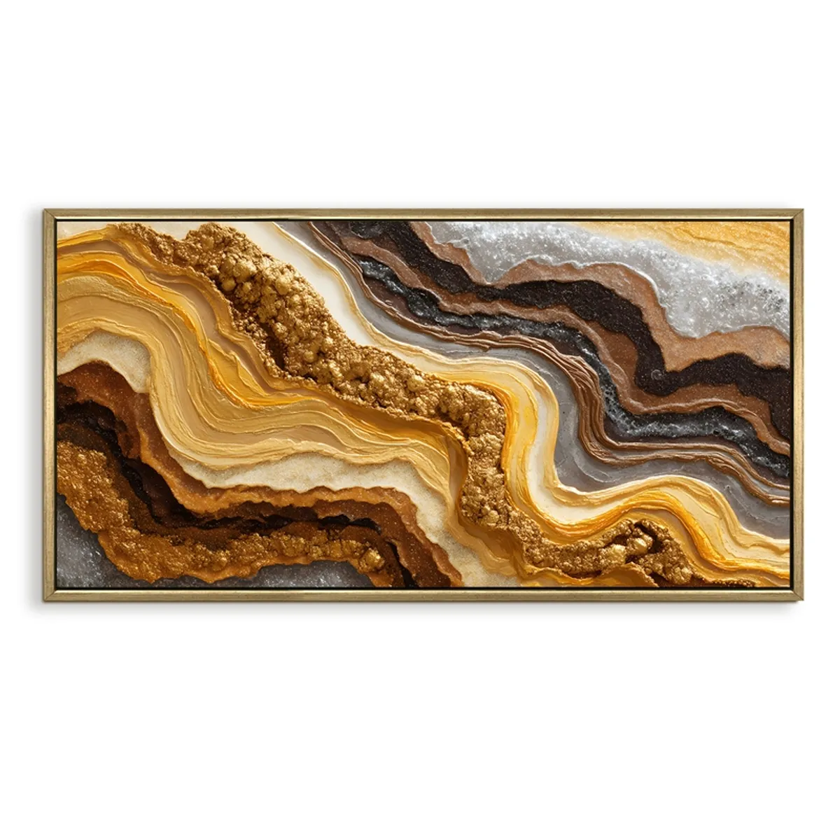 Rectangular framed abstract geode canvas painting in gold, brown and grey