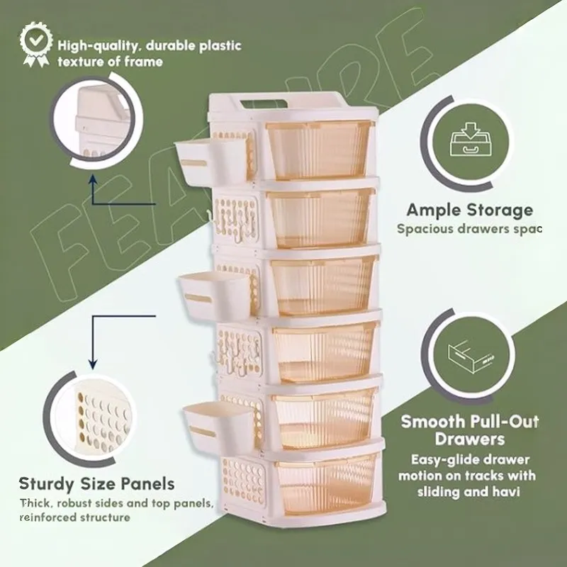 Close view of ivory organiser rack with deep drawers, side basket and perforated panels.