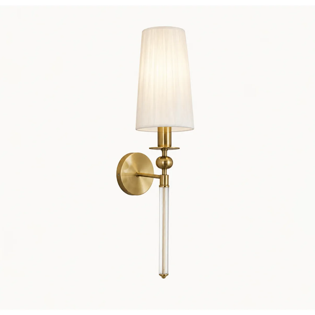 Standalone gold wall lamp with a white shade and clear rod on a white background.