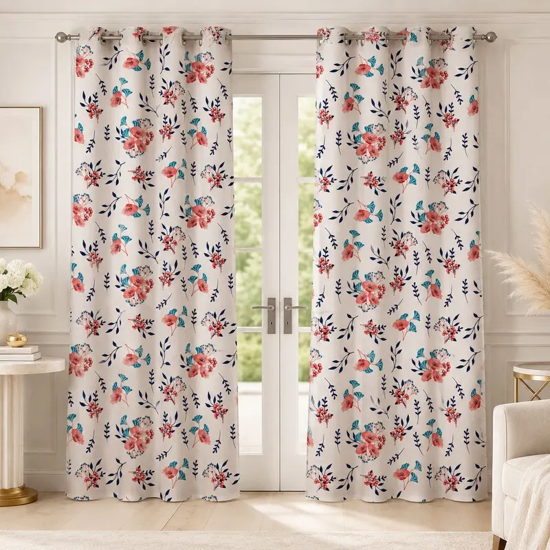Bloom Veil Printed Cotton Curtains (Pink) - Set of Two