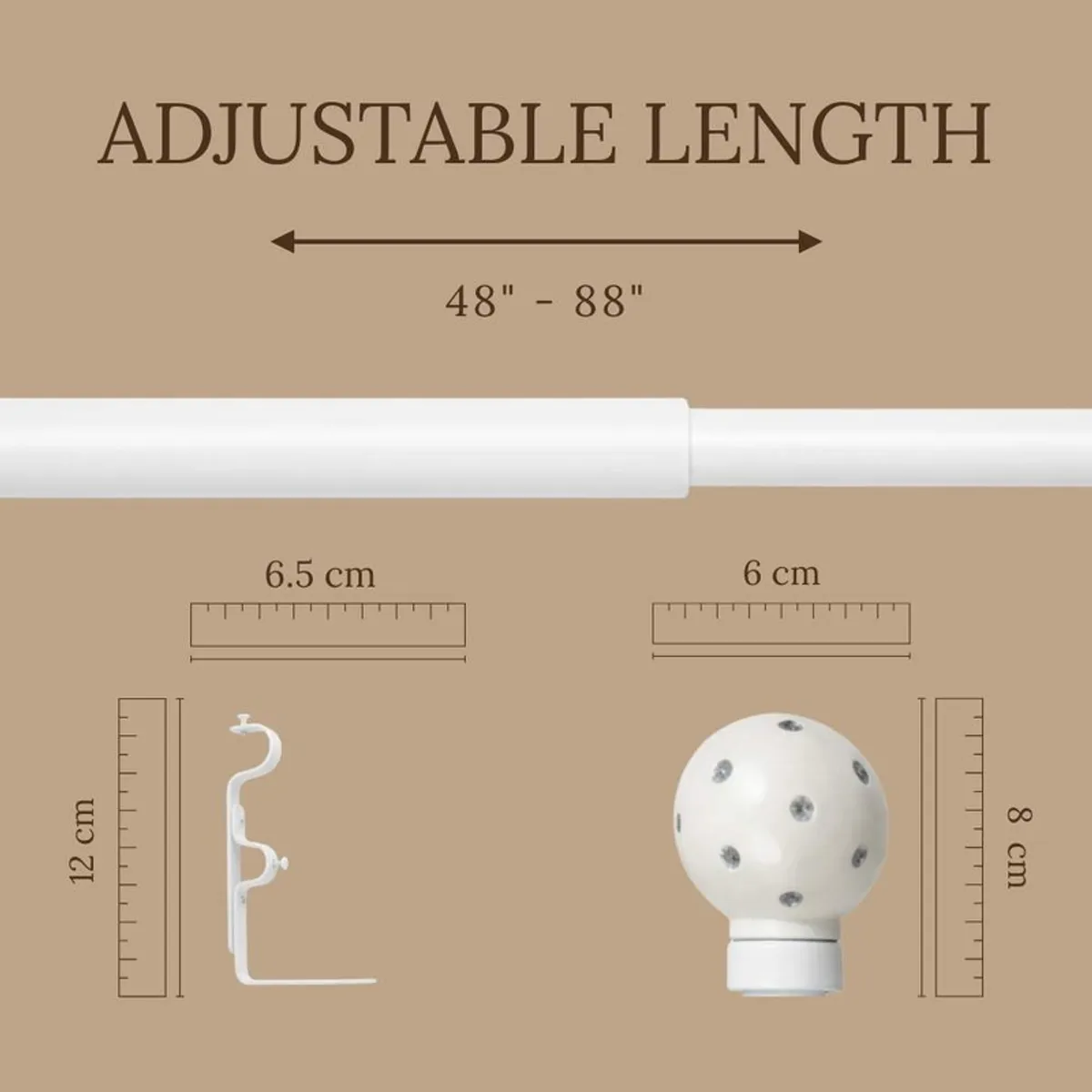 White extendable curtain rod shown with round finial and bracket detail