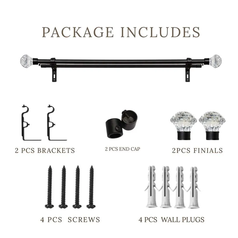 Curtain rod set with brackets, finials, screws and wall plugs
