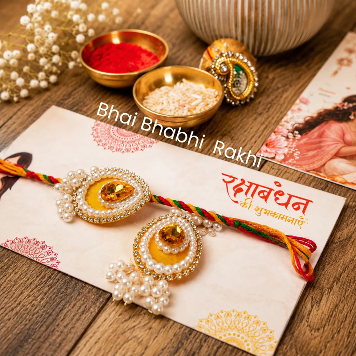 Bhai bhabhi rakhi, roli, chawal and festive card arranged on a wooden surface