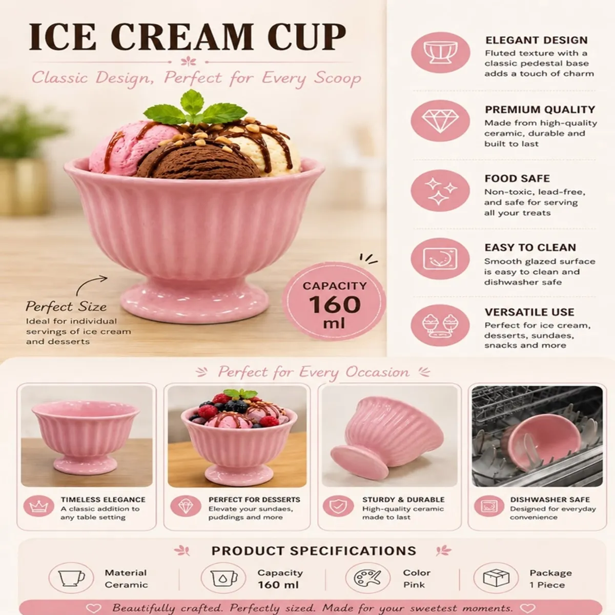 Pink fluted footed ice cream cup shown with dessert serving ideas