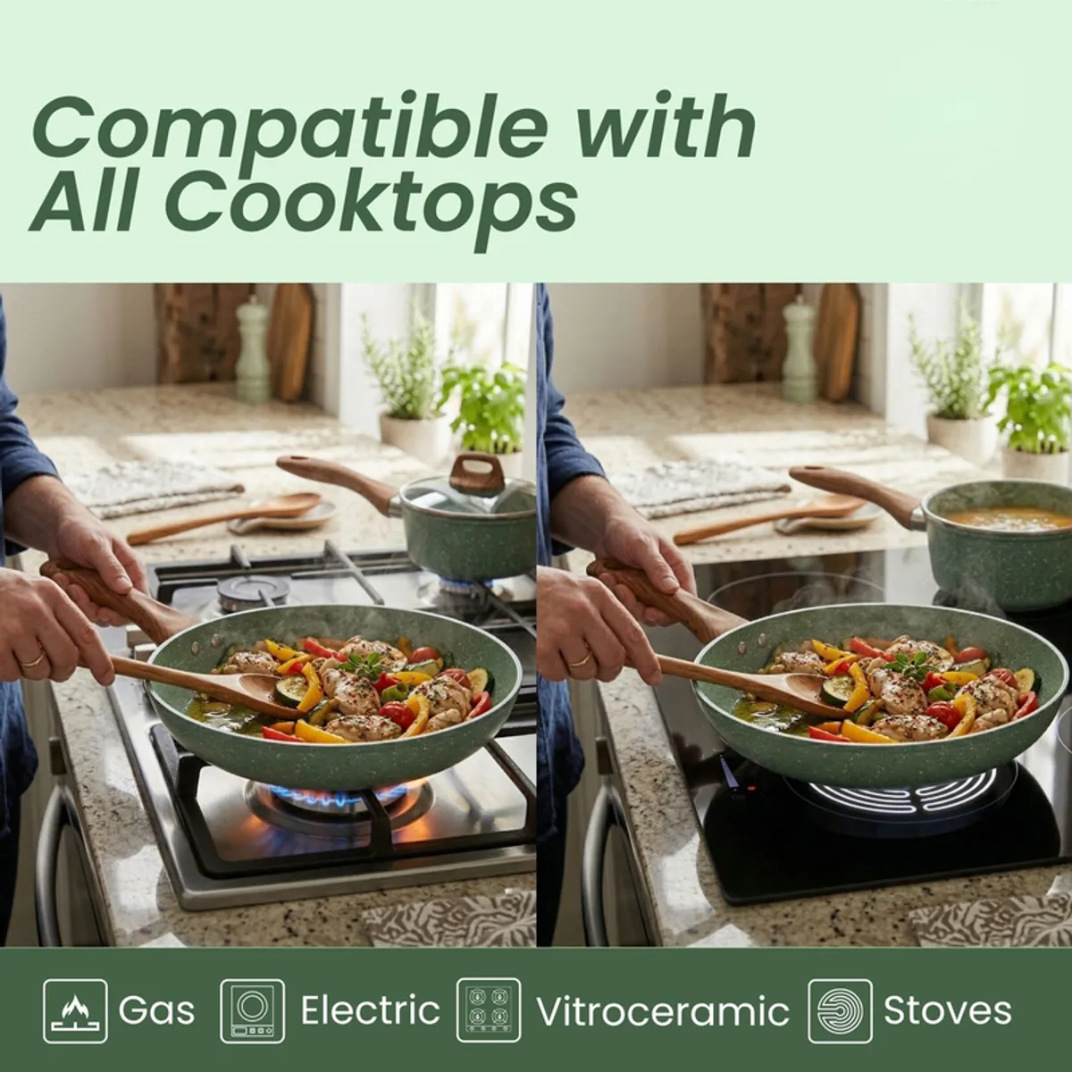 Green frying pan being used on gas and electric stovetops