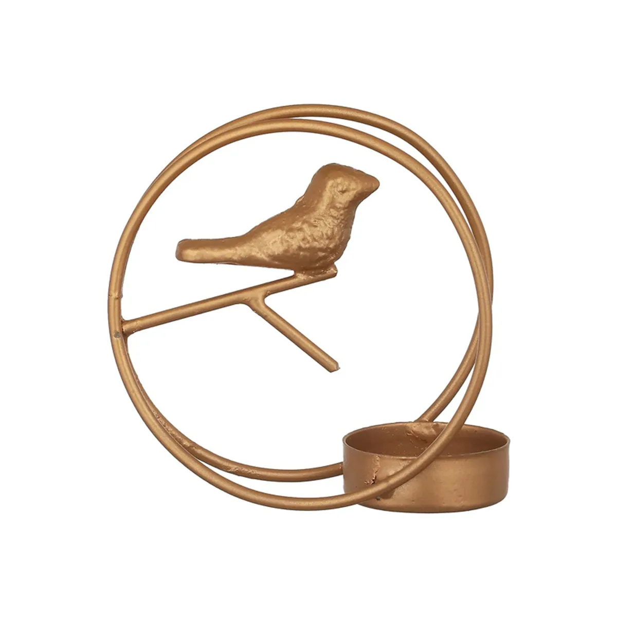 Gold bird-themed tealight holder shown against a white background