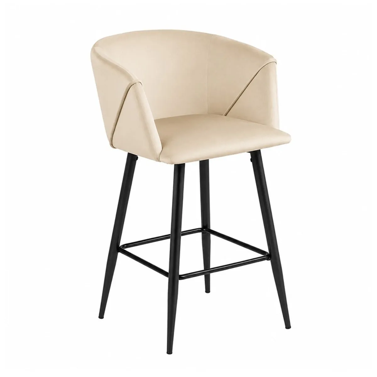 Angled view of off white velvet bar chair with tapered black legs