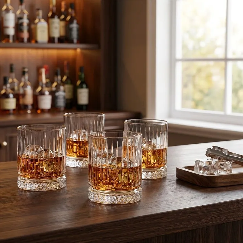 Four textured whiskey glasses arranged on a wooden bar counter