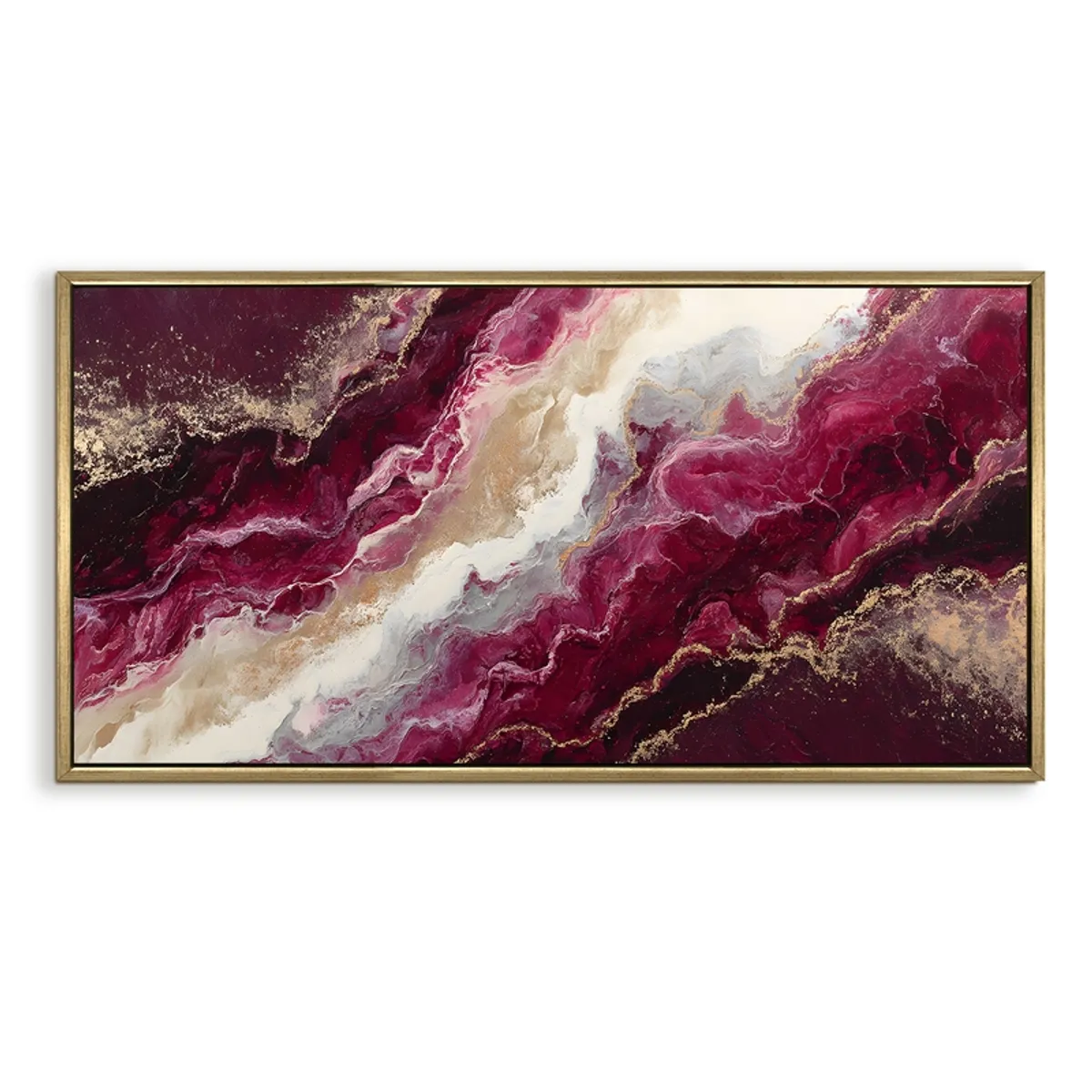 Rectangular framed abstract painting with flowing burgundy, cream and gold tones