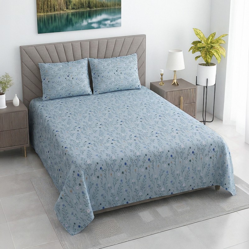 Petal Serenade Cotton Bedsheet (Blue) - 400 TC - Queen/Double