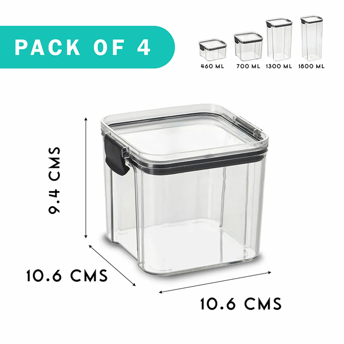 Single clear square container with black lid shown front view