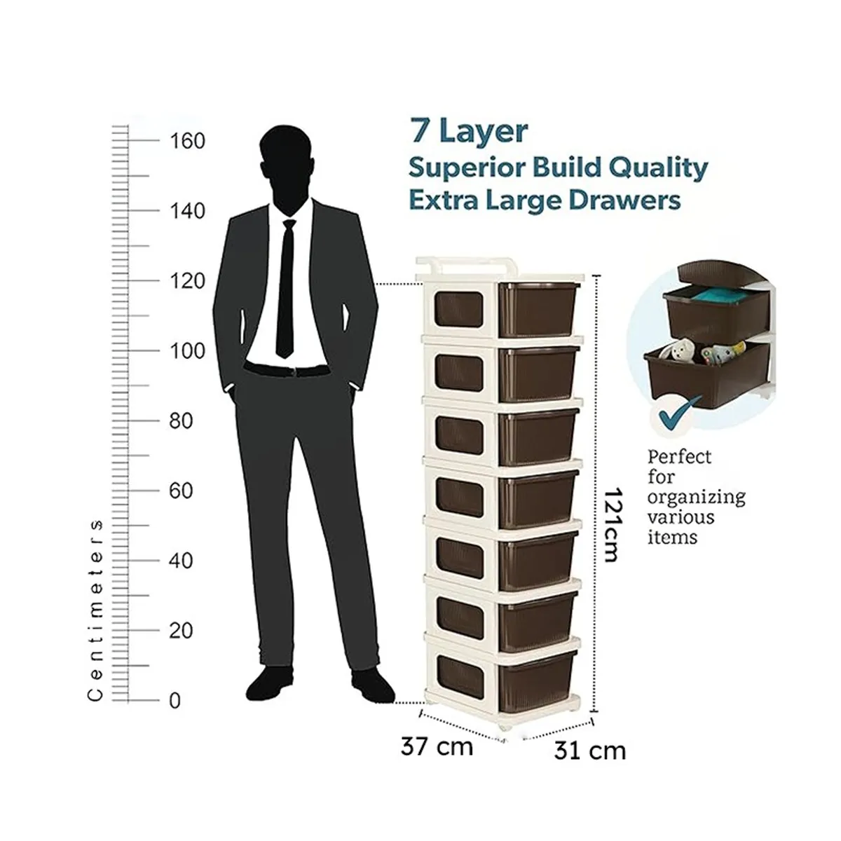 Dimension illustration showing the tall seven-tier rack and its footprint