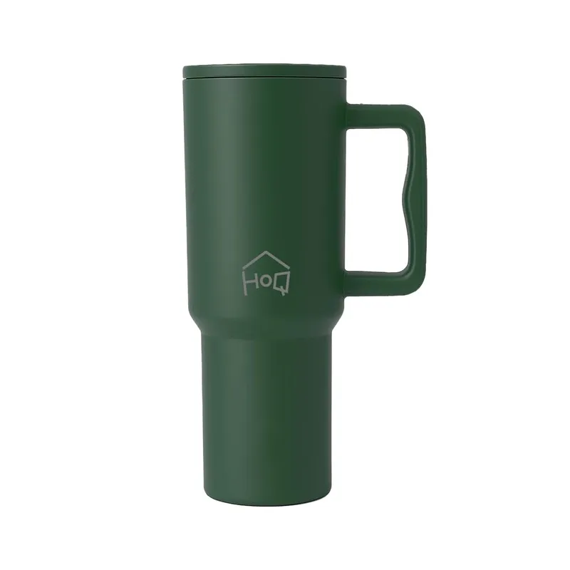 Dark green stainless steel tumbler with handle on a white background