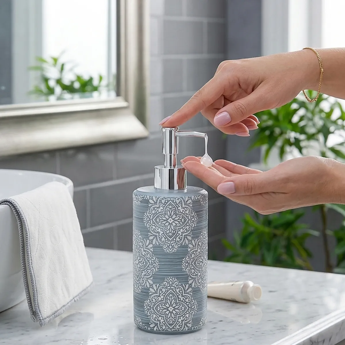 Hand pressing a blue patterned soap dispenser with silver pump in a bathroom