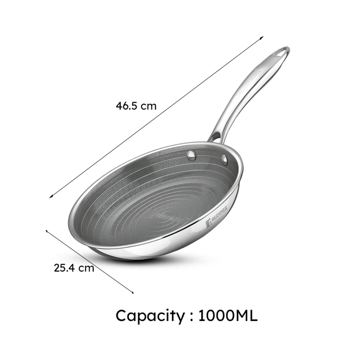 Silver frying pan with handle and measurement illustration