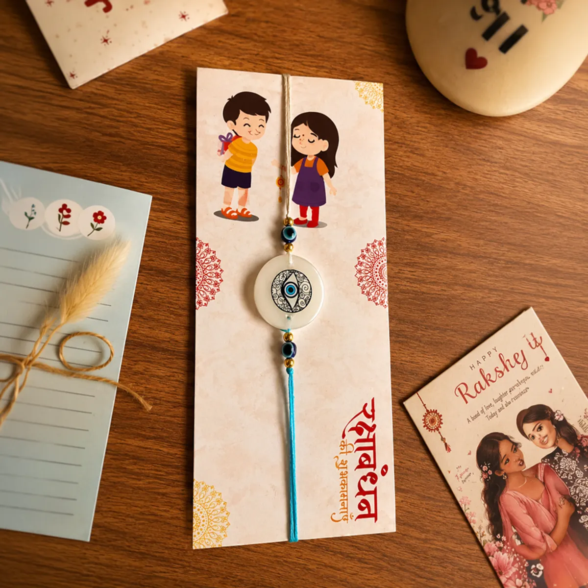 Decorative rakhi mounted on an illustrated card with festive cards nearby