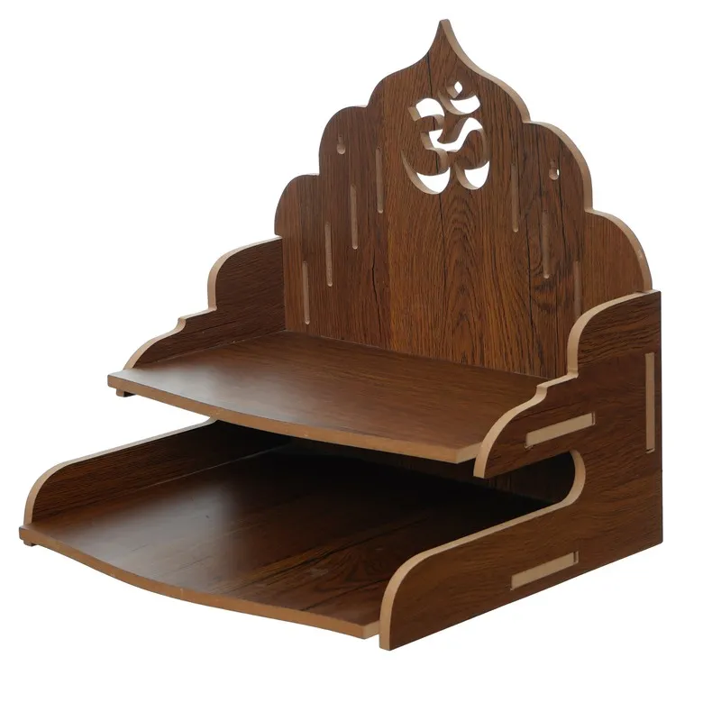 Side angle of wooden mandir with scalloped back panel and Om cutout