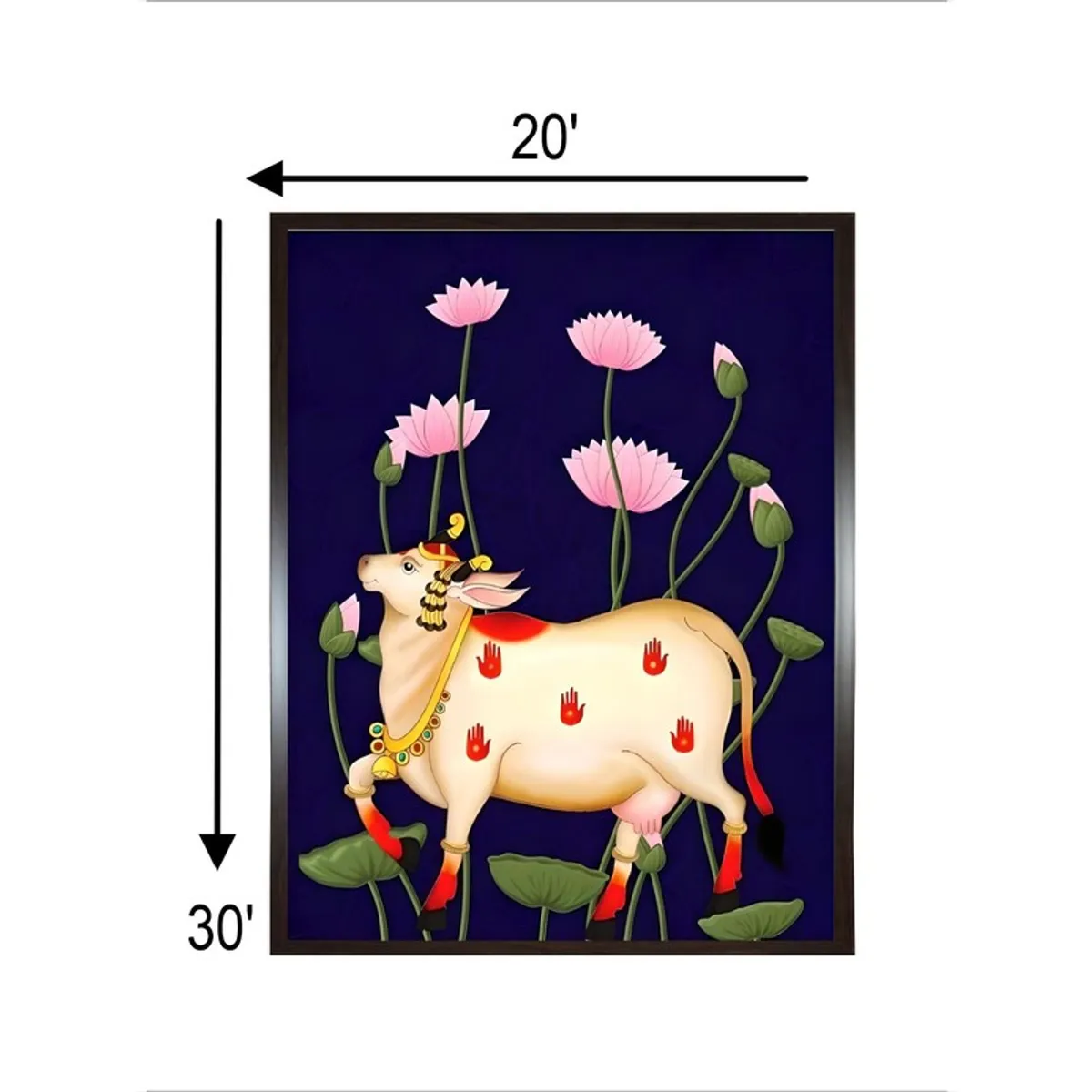 Framed divine cow and lotus painting with size arrows shown in the image