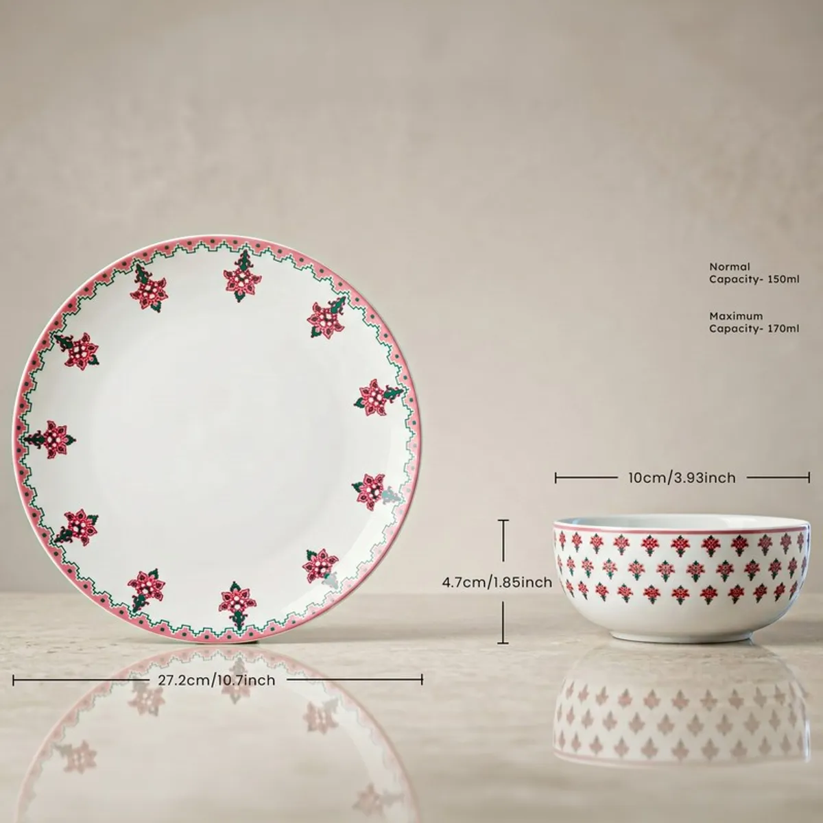 Pink and white floral dinner plate and bowl shown side by side