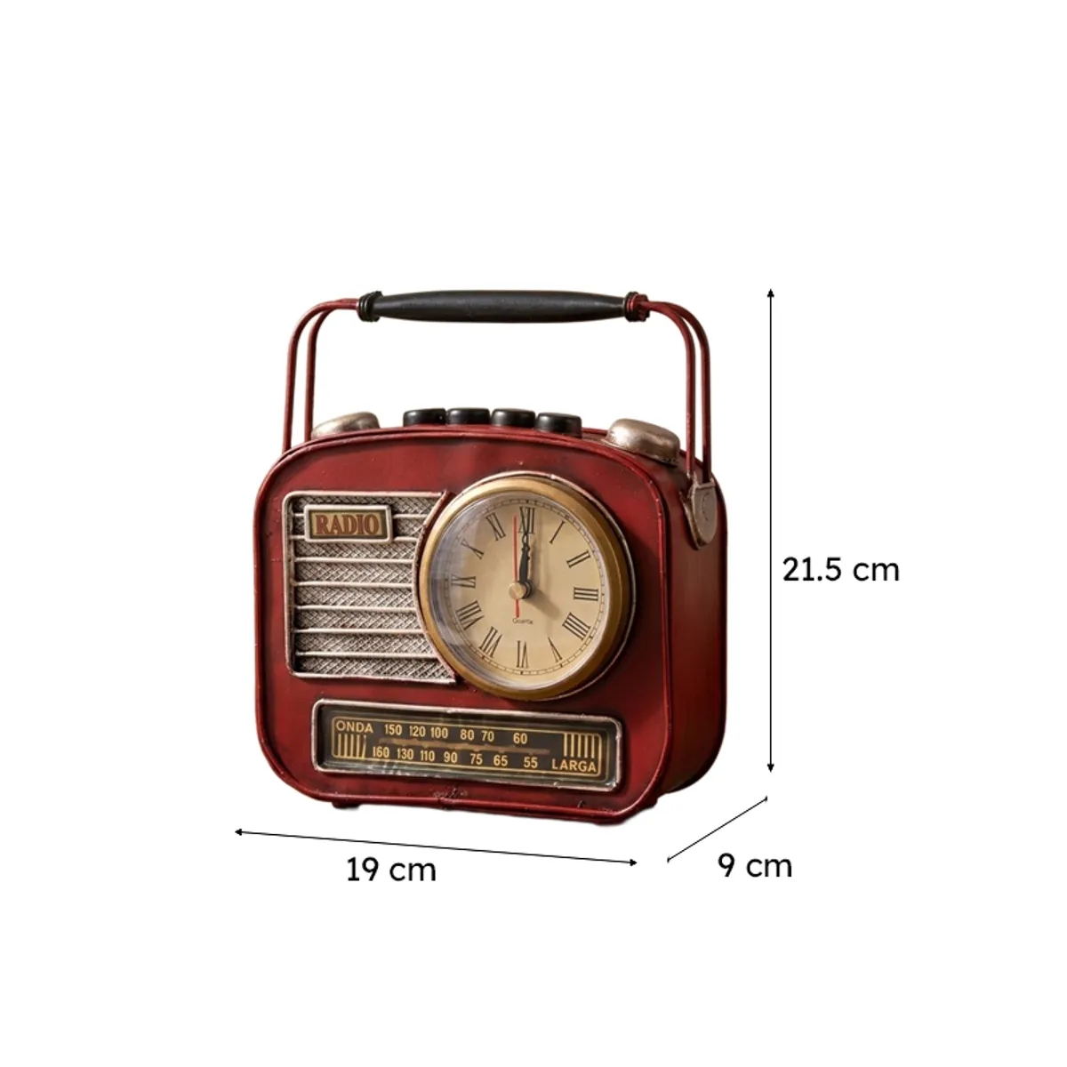 Red radio-style showpiece displayed with visible overall dimensions