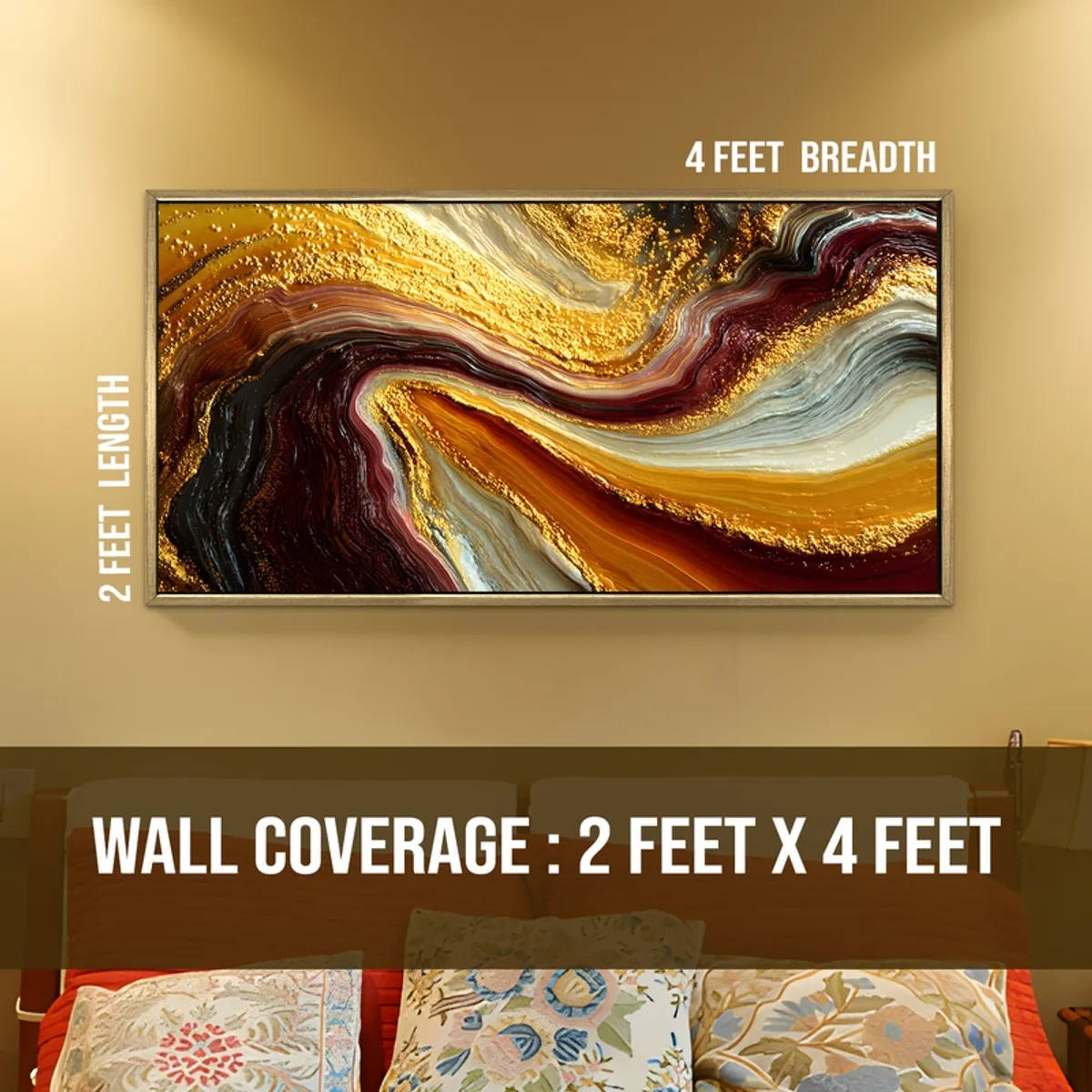 Large framed abstract wall painting shown in a horizontal rectangular format