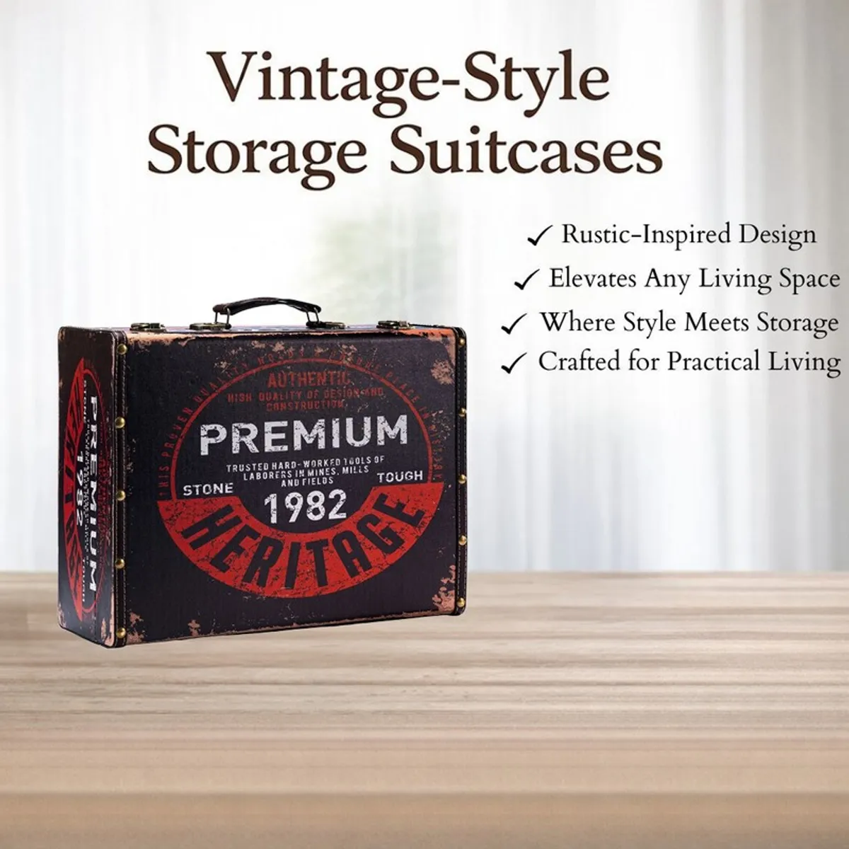 Vintage-style suitcase storage box with distressed print against a light backdrop