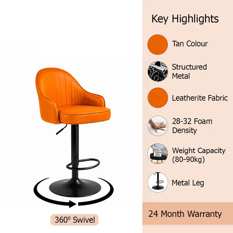 Orange bar chair with ribbed back and black base on a feature graphic
