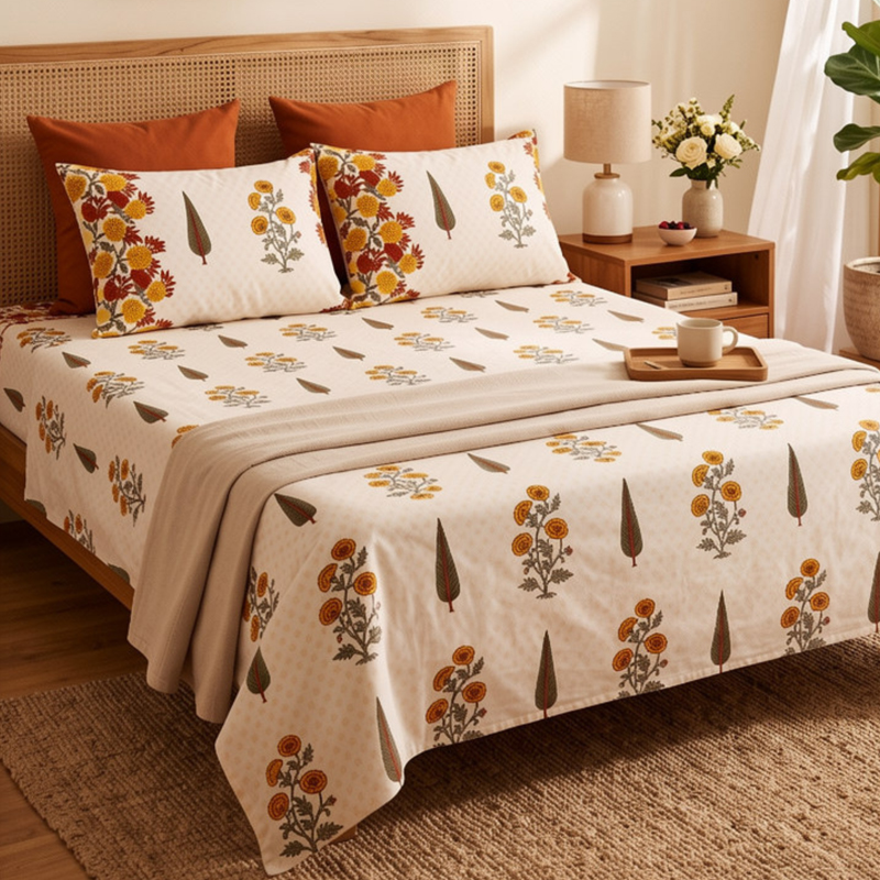 Marigold Bloom Cotton Bedsheet - 186 TC - King
