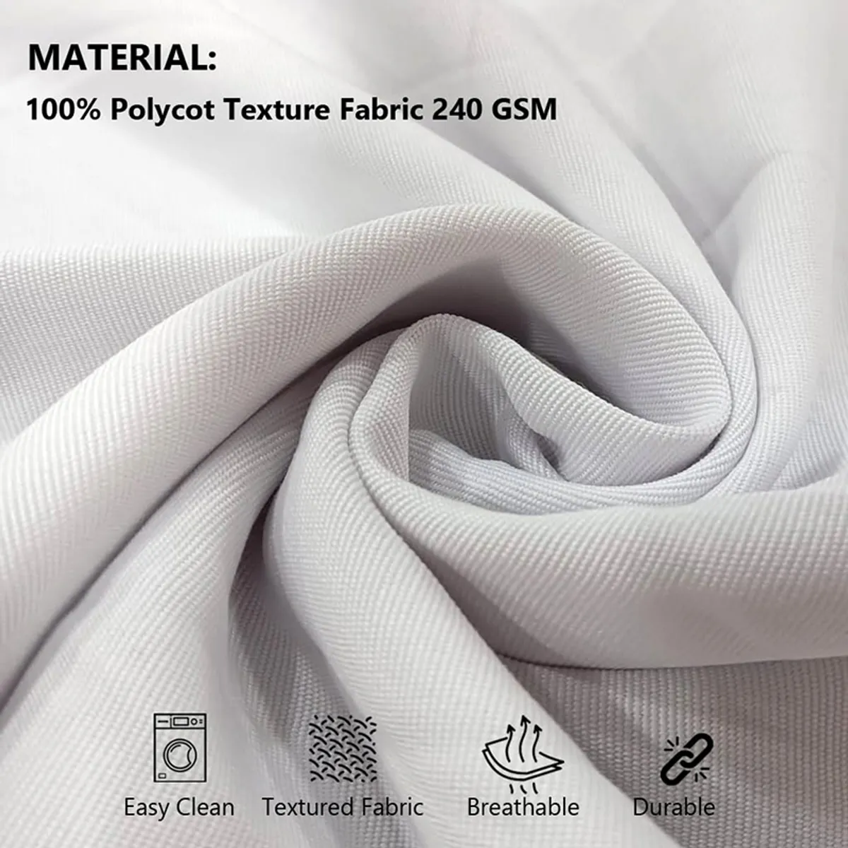 Close-up of white textured cushion-cover fabric with a fine woven surface.