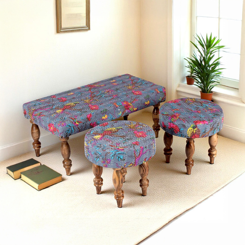 Daxor Sheesham Wooden Bench With Stools (Grey) - Three Piece Set