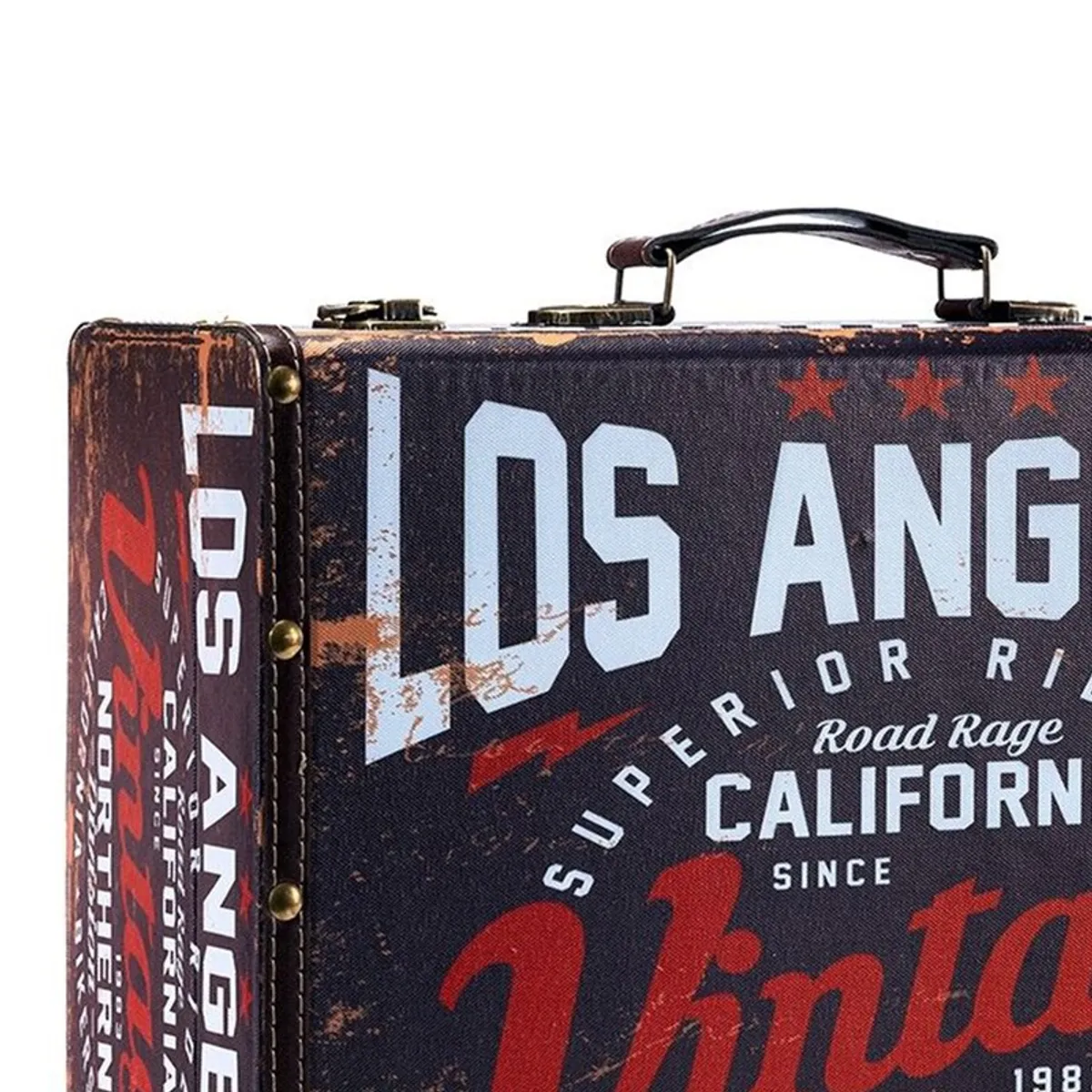 Close-up of distressed typography print and corner detailing on storage box