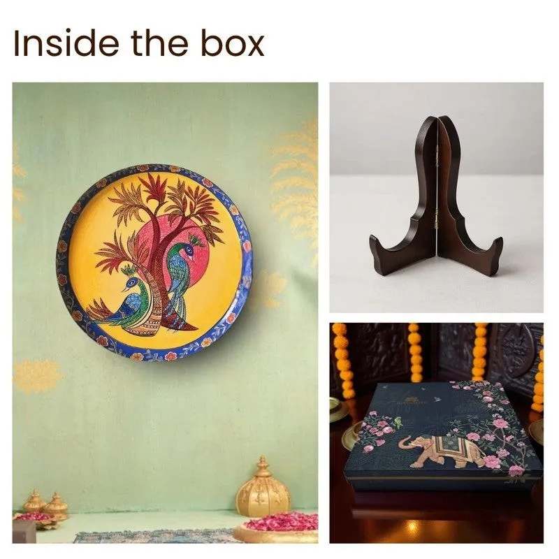 Peacock wall plate shown with a display stand and decorative box