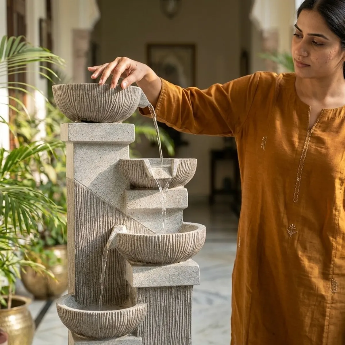 Woman beside a beige and white cascading tabletop water fountain