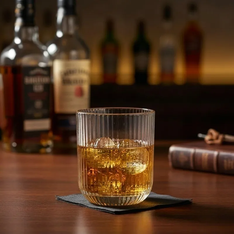 Clear glass with a golden drink and ice on a table