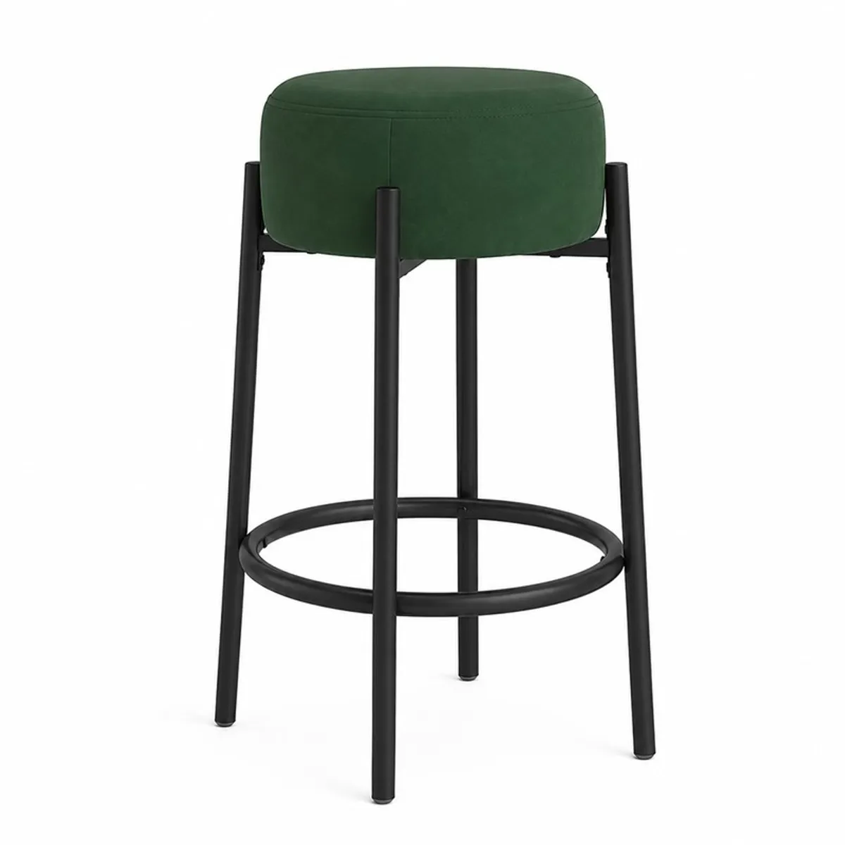 Front view of a green upholstered bar stool with black metal frame
