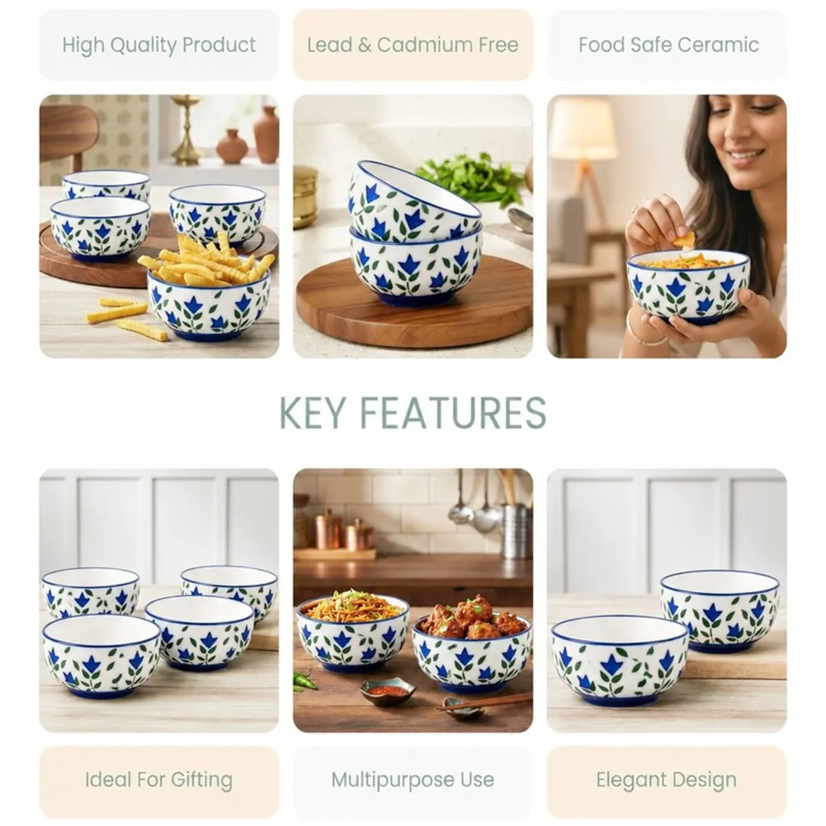 Four blue and white floral bowls arranged with savoury dishes on a kitchen counter