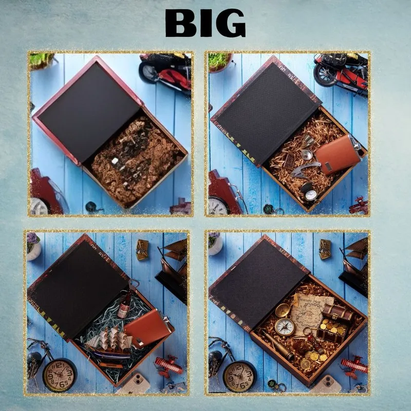 Open large storage box displayed with assorted travel-themed items