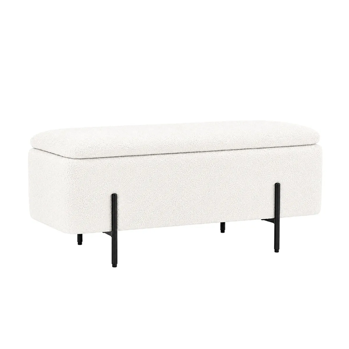 Angled view of a white fabric bench showing its black metal legs