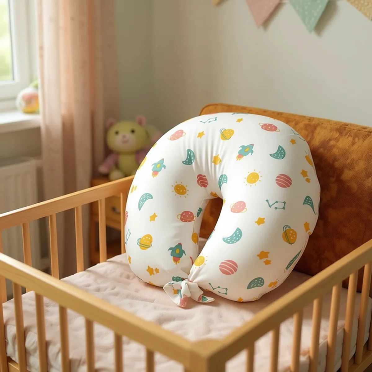 White U-shape feeding pillow with colourful space motifs placed in a cot