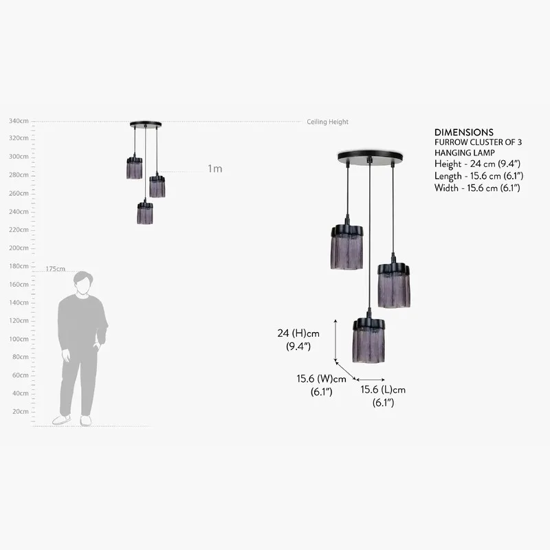 Dimension view of the three-light smoky glass ceiling lamp cluster