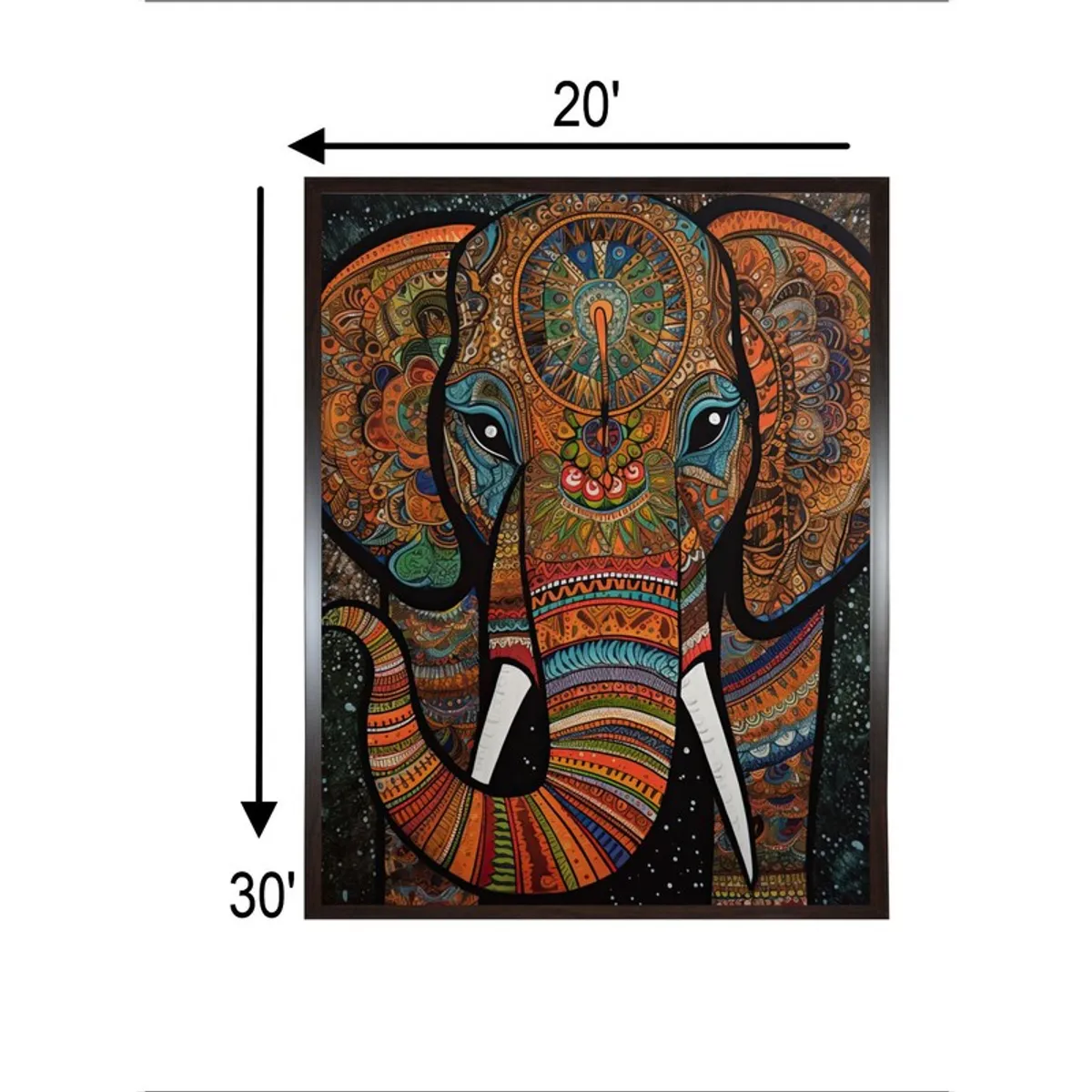 Framed elephant wall painting shown with 20 x 30 inch dimensions