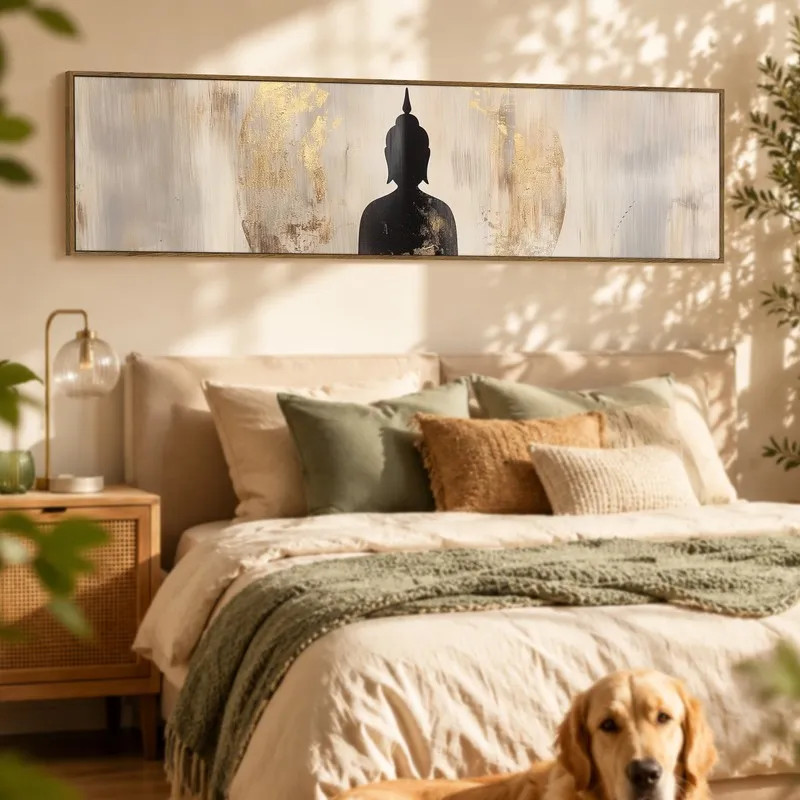 Long framed Buddha wall art displayed above a bed