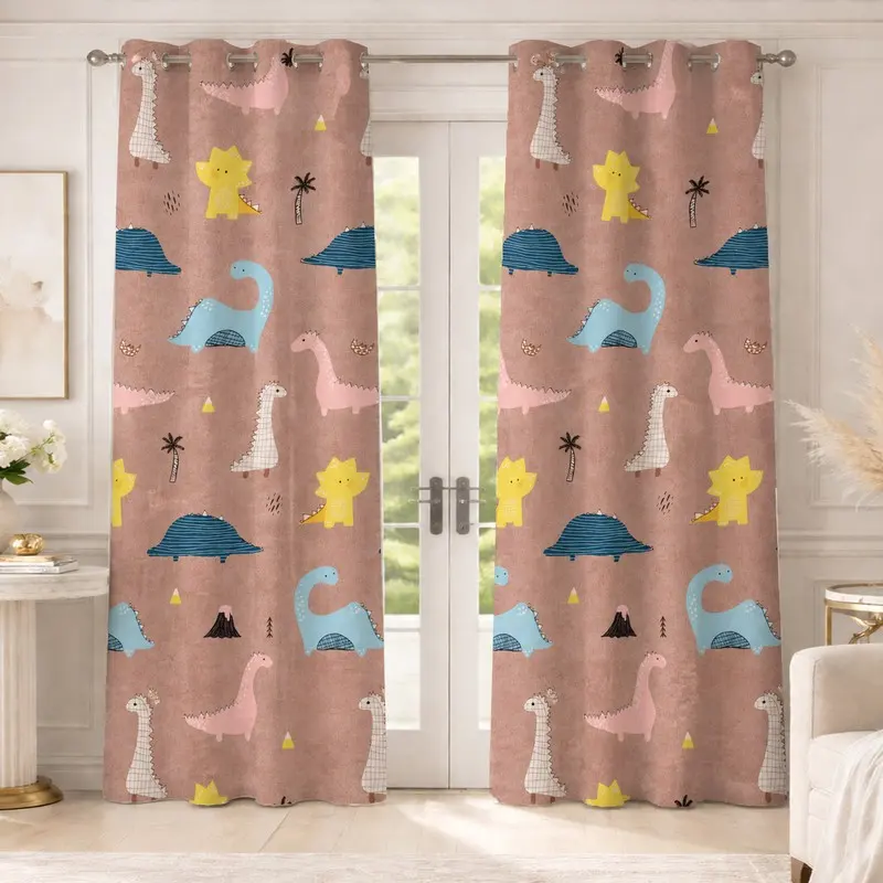 Dino Ground Printed Cotton Curtains - Set of Two - Door - 7 Feet