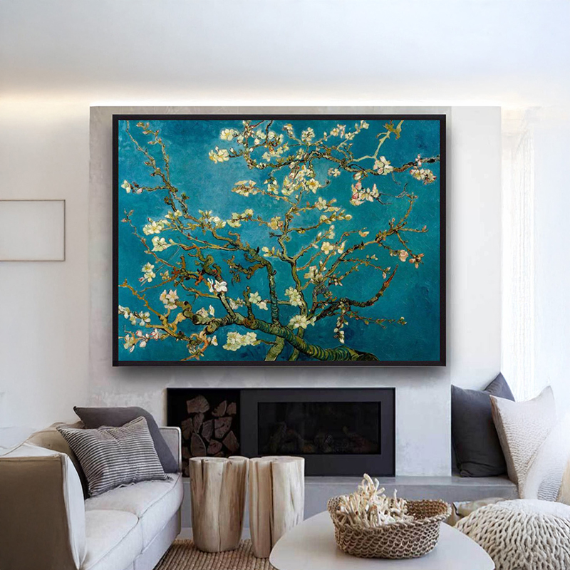 Almond Blossom Canvas Wall Painting With Frame (Blue) - Small