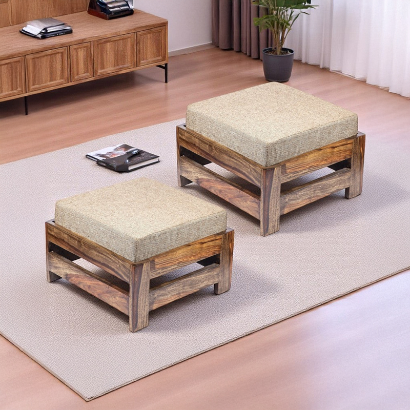 Lavro Sheesham Wooden Stools With Cushions (Beige) - Set of Two